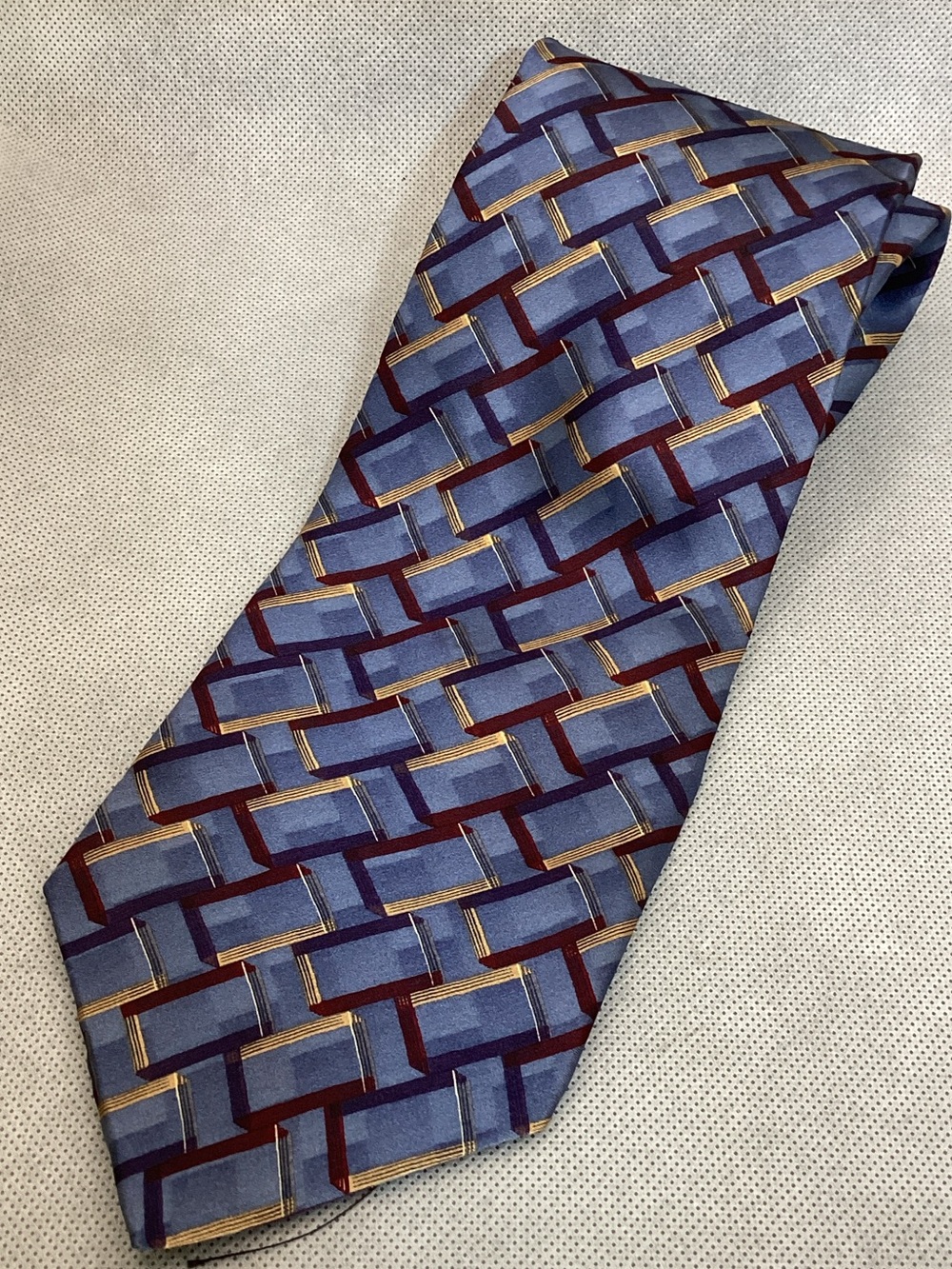 bill blass Blue Geometric Silk Tie with Gold and Burgundy Accents